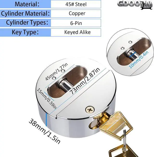Alt view image 2 of 7 - 2 Pack Hidden Shackle Padlock Heavy Duty Trailer Lock Keyed Alike, Anti Theft 2.87/73mm Solid Steel Puck Locks Fits for Trailers, Trucks, Vehicles, Garage, Shipping Container