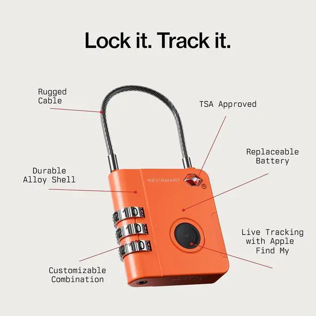 Alt view image 2 of 7 - KeySmart SmartLock Tracking Luggage Locks, TSA Locks for Luggage, Combination Lock Compatible with Apple Find My App, Best Travel Essentials, Replaceable Non-Rechargeable Battery (Orange 1 Pack)