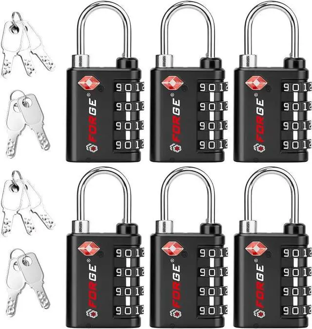Main image of Dual-Opening: Key or Combination Lock, TSA Approved Lock for Luggage, Pelican case, Travel, Gym, School, Luggage Combination Lock, Travel Bag Lock (Black 6 Pk)