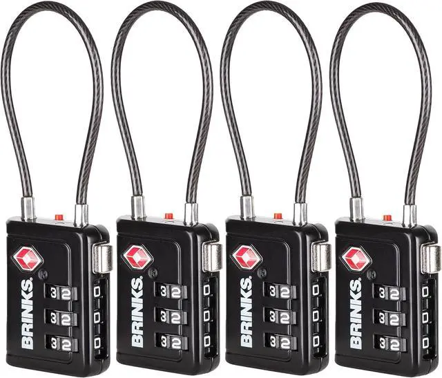 Main image of TSA Accepted Indicator Luggage Lock, Black - Resettable 3-Dial Combination, 2.5 inch Long Cable Shackle, New More Secure TSA008 Key, 4 Pack