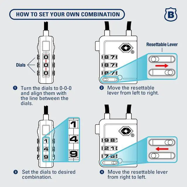 Alt view image 6 of 7 - TSA Accepted Indicator Luggage Lock, Black - Resettable 3-Dial Combination, 2.5 inch Long Cable Shackle, New More Secure TSA008 Key, 4 Pack