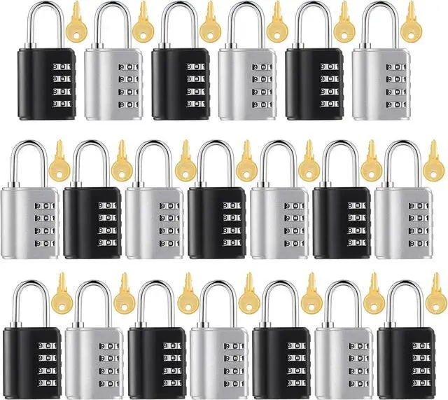 Main image of 20 Pcs Combination Padlock 4 Digit Combination Lock with Keys Locker Resetable Security Outdoor Waterproof Lock for School Sports Gym Locker Employee Fence Case (Silver and Black)