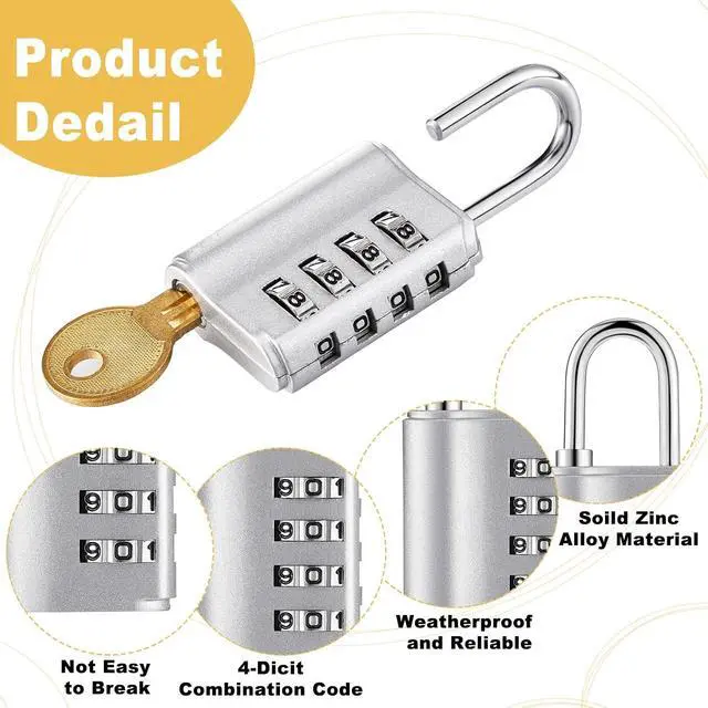 Alt view image 3 of 7 - 20 Pcs Combination Padlock 4 Digit Combination Lock with Keys Locker Resetable Security Outdoor Waterproof Lock for School Sports Gym Locker Employee Fence Case (Silver and Black)