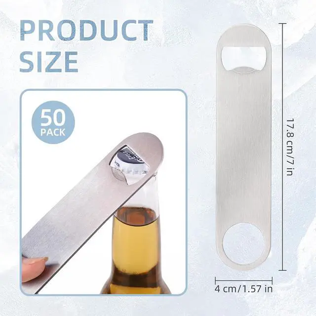 Alt view image 2 of 7 - 50 Pack Flat Beer Bottle Opener 7 inch Stainless Steel Flat Bottle Opener Beer Bottle Openers for Bartender Kitchen Bar Restaurant (Silver)