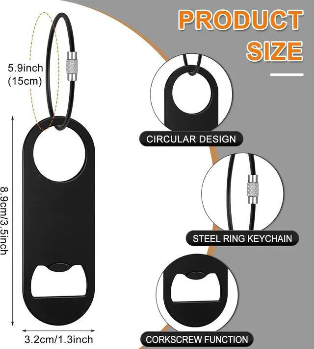 Alt view image 2 of 7 - 60 Pieces Stainless Steel Flat Bottle Opener Keychain Bulk 3.5 x 1.3 Inches Beer Bottle Opener Flat Cap with Keyring for Men Women Bartender Kitchen Bar Restaurant, Black