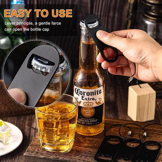 Alt view image 3 of 7 - 60 Pieces Stainless Steel Flat Bottle Opener Keychain Bulk 3.5 x 1.3 Inches Beer Bottle Opener Flat Cap with Keyring for Men Women Bartender Kitchen Bar Restaurant, Black
