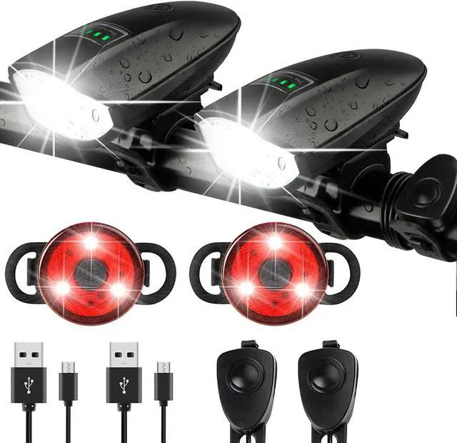 Main image of Bike Lights Set with Horn 1400LM USB Rechargeable Bicycle Headlight & Tail Light & Horn Waterproof 3 Lighting Modes Fits Bicycles for Road and Mountain