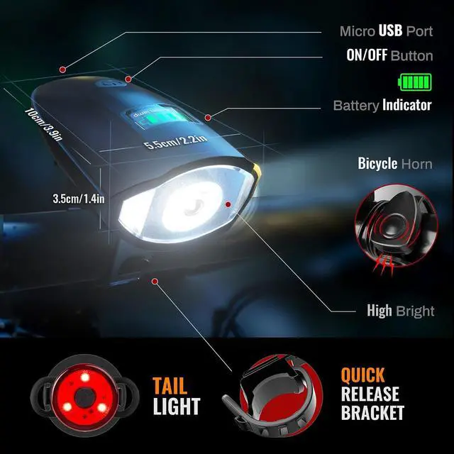 Alt view image 2 of 7 - Bike Lights Set with Horn 1400LM USB Rechargeable Bicycle Headlight & Tail Light & Horn Waterproof 3 Lighting Modes Fits Bicycles for Road and Mountain