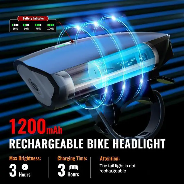 Alt view image 4 of 7 - Bike Lights Set with Horn 1400LM USB Rechargeable Bicycle Headlight & Tail Light & Horn Waterproof 3 Lighting Modes Fits Bicycles for Road and Mountain