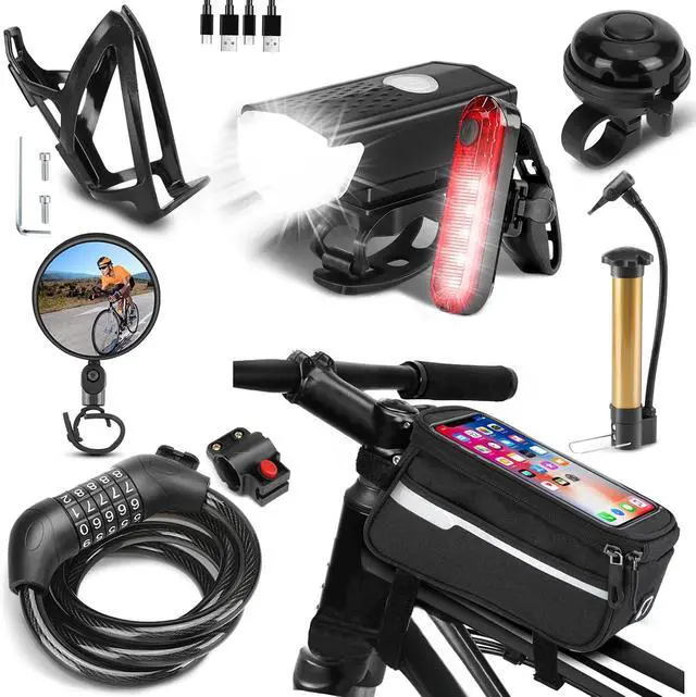 Alt view image 2 of 7 - 8 Pack Bicycle Accessories, Bike Light Set USB Rechargeable, 1 Bike Water Bottle Holder, Bicycle Bag and 1 Bike Aluminum Bicycle Bell,Pump