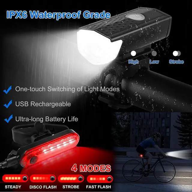 Alt view image 3 of 7 - 8 Pack Bicycle Accessories, Bike Light Set USB Rechargeable, 1 Bike Water Bottle Holder, Bicycle Bag and 1 Bike Aluminum Bicycle Bell,Pump