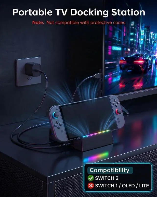 Alt view image 3 of 7 - Switch 2 Dock with 60W Charger & HDMI Cable, 4K TV Docking Station for Nintendo Switch 2, All-in-One Game Accessories Set, Portable Travel Charging Stand Base, AC Adapter Power Cord