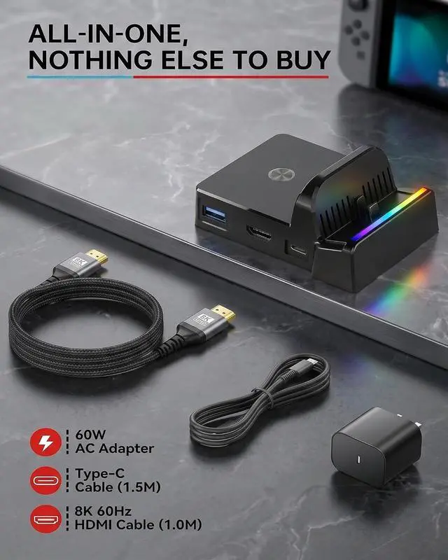 Alt view image 2 of 7 - Switch 2 Dock with 60W Charger & HDMI Cable, 4K TV Docking Station for Nintendo Switch 2, All-in-One Game Accessories Set, Portable Travel Charging Stand Base, AC Adapter Power Cord