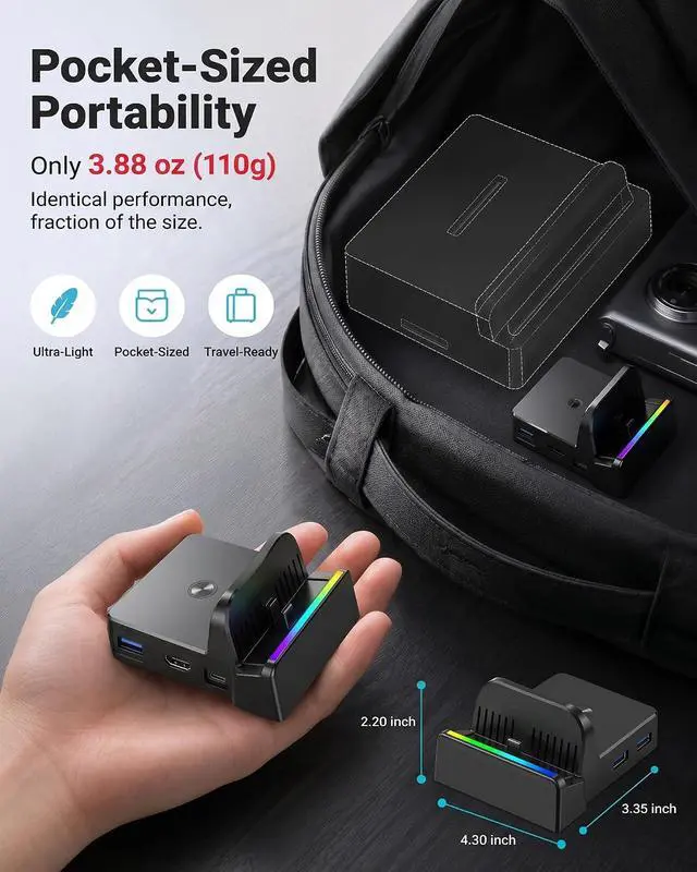 Alt view image 6 of 7 - Switch 2 Dock with 60W Charger & HDMI Cable, 4K TV Docking Station for Nintendo Switch 2, All-in-One Game Accessories Set, Portable Travel Charging Stand Base, AC Adapter Power Cord