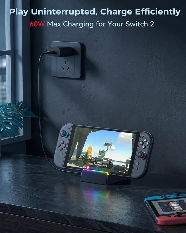 Alt view image 7 of 7 - Switch 2 Dock with 60W Charger & HDMI Cable, 4K TV Docking Station for Nintendo Switch 2, All-in-One Game Accessories Set, Portable Travel Charging Stand Base, AC Adapter Power Cord