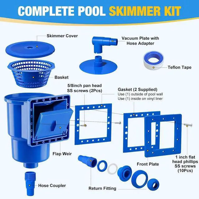 Alt view image 7 of 7 - Above Ground Pool Skimmer, Heavy Duty Through-Wall Mount Pool Skimmer Kit with Accessories, Universal Fit for Standard Wall Openings, Klein Blue in-Wall Surface Skimmer Includes Leak-Free Teflon Tape