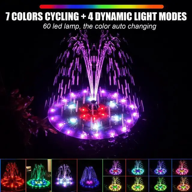 Alt view image 2 of 7 - Upgraded Solar Fountain Bird Bath with 60 LED Lights, Solar Powered Water Fountain Pump with 4000mAh Battery 7 Nozzles 4 Fixers, for Garden Patio Pond Birdbath Pool