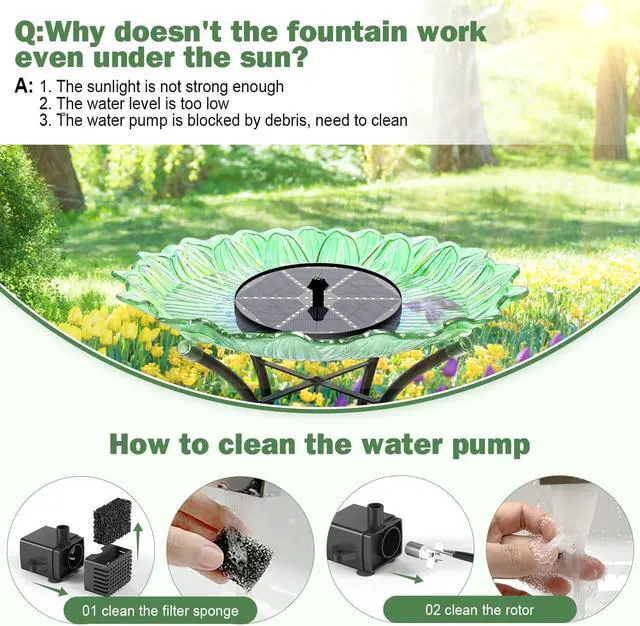 Alt view image 4 of 7 - Upgraded Solar Fountain Bird Bath with 60 LED Lights, Solar Powered Water Fountain Pump with 4000mAh Battery 7 Nozzles 4 Fixers, for Garden Patio Pond Birdbath Pool