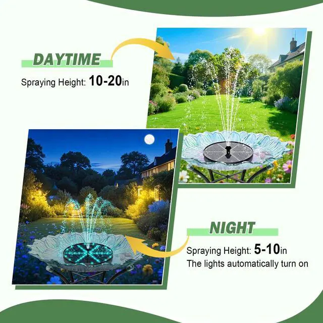 Alt view image 3 of 7 - Upgraded Solar Fountain Bird Bath with 60 LED Lights, Solar Powered Water Fountain Pump with 4000mAh Battery 7 Nozzles 4 Fixers, for Garden Patio Pond Birdbath Pool