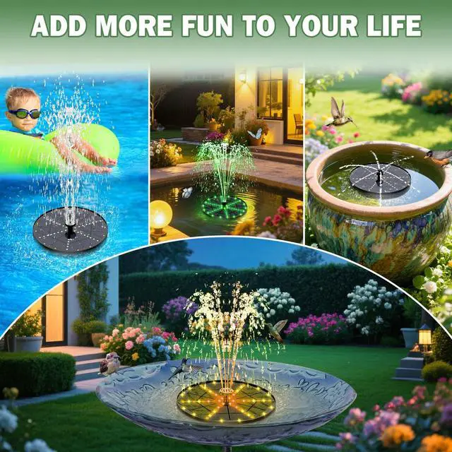Alt view image 6 of 7 - Upgraded Solar Fountain Bird Bath with 60 LED Lights, Solar Powered Water Fountain Pump with 4000mAh Battery 7 Nozzles 4 Fixers, for Garden Patio Pond Birdbath Pool