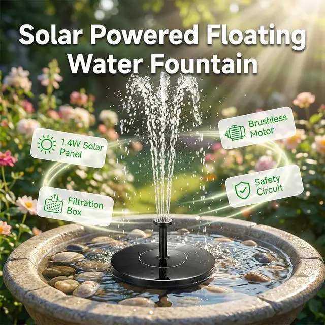 Alt view image 3 of 7 - Solar Bird Bath Fountains, 2026 Upgrade 1.4W Solar Fountain Pump with 6 Nozzles, Free Standing Floating Solar Powered Water Fountain Pump for Bird Bath, Garden, Pond, Water Feature Outdoor (1, 5.1in)