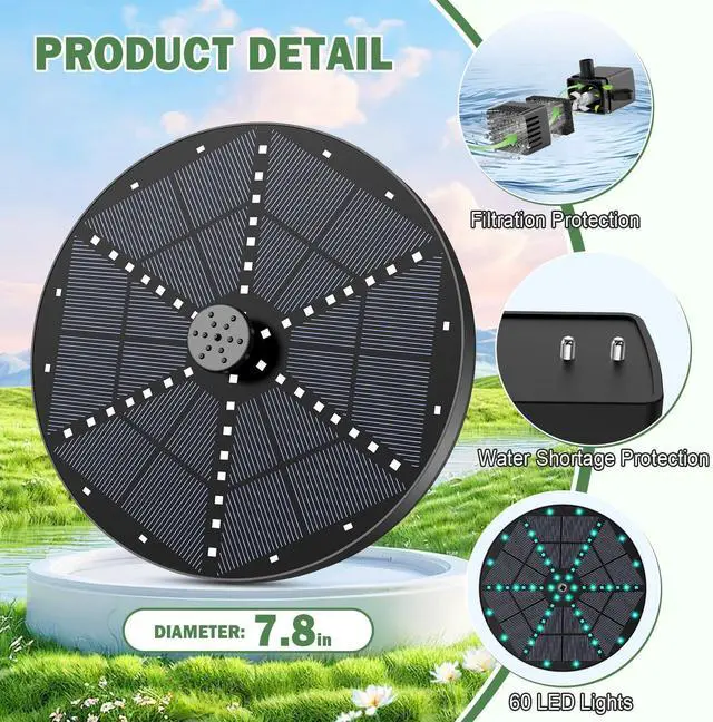 Alt view image 7 of 7 - Upgraded Solar Fountain Bird Bath with 60 LED Lights, Solar Powered Water Fountain Pump with 4000mAh Battery 7 Nozzles 4 Fixers, for Garden Patio Pond Birdbath Pool