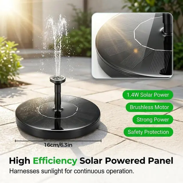 Alt view image 5 of 7 - Solar Bird Bath Fountains, 2026 Upgrade 1.4W Solar Fountain Pump with 6 Nozzles, Free Standing Floating Solar Powered Water Fountain Pump for Bird Bath, Garden, Pond, Water Feature Outdoor (1, 5.1in)