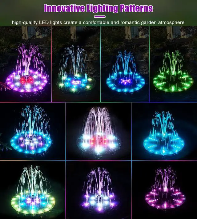 Alt view image 2 of 7 - Solar Fountain 4W Bird Bath Fountains Upgraded 60 LED Lights, Built-in 4000 mAh Battery with 7 Nozzles & 4 Fixers, Solar Water Fountain for Garden, Bird Bath, Pool, Pond, Outdoor