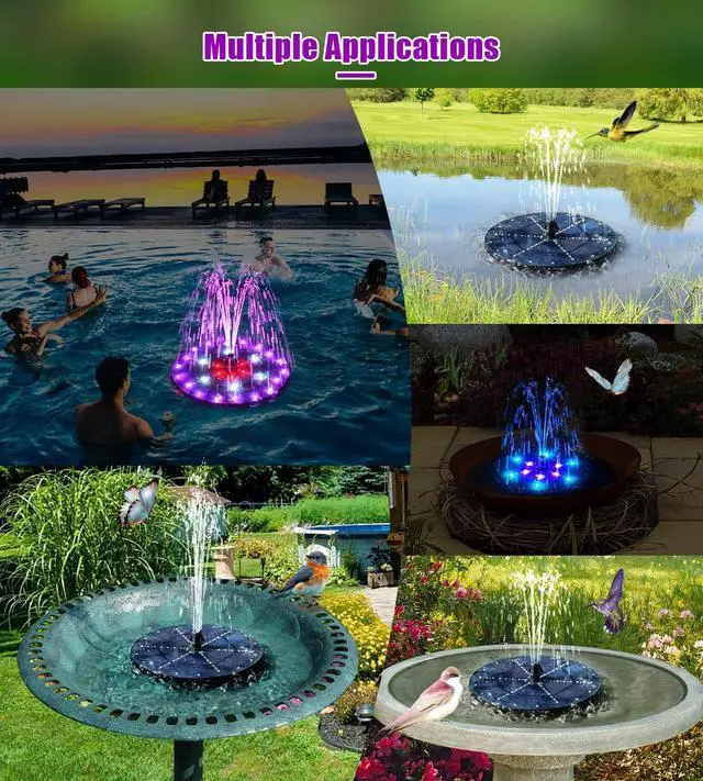 Alt view image 3 of 7 - Solar Fountain 4W Bird Bath Fountains Upgraded 60 LED Lights, Built-in 4000 mAh Battery with 7 Nozzles & 4 Fixers, Solar Water Fountain for Garden, Bird Bath, Pool, Pond, Outdoor