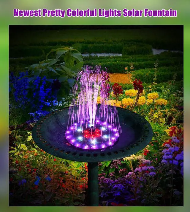 Alt view image 6 of 7 - Solar Fountain 4W Bird Bath Fountains Upgraded 60 LED Lights, Built-in 4000 mAh Battery with 7 Nozzles & 4 Fixers, Solar Water Fountain for Garden, Bird Bath, Pool, Pond, Outdoor