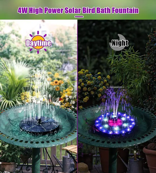 Alt view image 7 of 7 - Solar Fountain 4W Bird Bath Fountains Upgraded 60 LED Lights, Built-in 4000 mAh Battery with 7 Nozzles & 4 Fixers, Solar Water Fountain for Garden, Bird Bath, Pool, Pond, Outdoor
