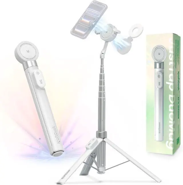 Main image of 67" Dual-Sided Magnetic Phone Tripod for iPhone MagSafe, Auto-Open Selfie Stick Tripod with Remote, Hidden Clamp, Portable Cell Phone Tripod Stand for Travel & Content Creation(White)
