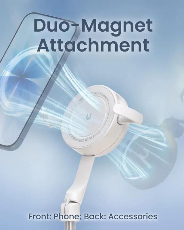 Alt view image 2 of 7 - 67" Dual-Sided Magnetic Phone Tripod for iPhone MagSafe, Auto-Open Selfie Stick Tripod with Remote, Hidden Clamp, Portable Cell Phone Tripod Stand for Travel & Content Creation(White)