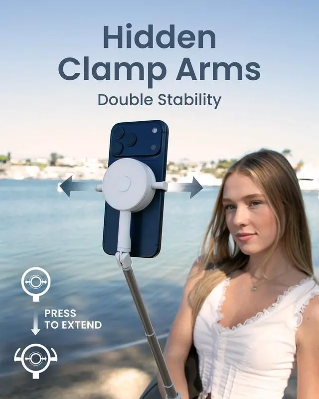 Alt view image 3 of 7 - 67" Dual-Sided Magnetic Phone Tripod for iPhone MagSafe, Auto-Open Selfie Stick Tripod with Remote, Hidden Clamp, Portable Cell Phone Tripod Stand for Travel & Content Creation(White)