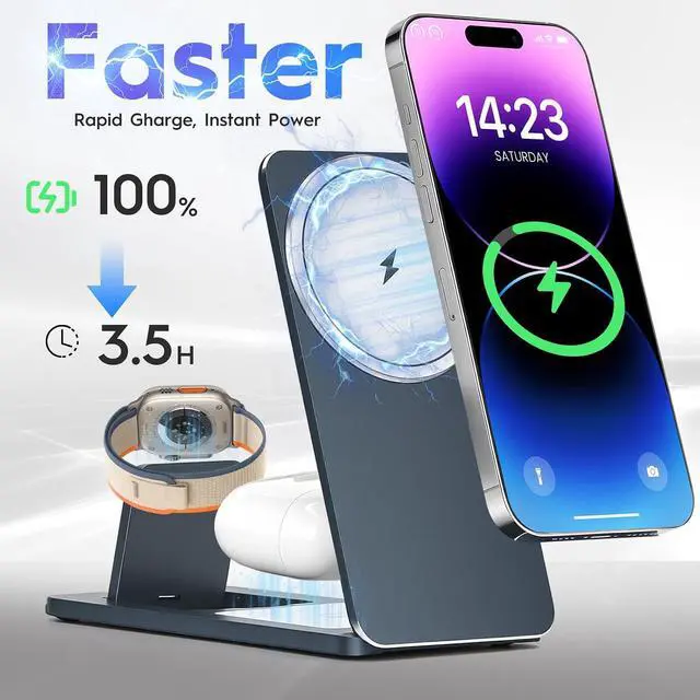 Alt view image 4 of 5 - 3-in-1 Wireless Charging Station, Foldable Magnetic Charger Stand Compatible with iPhone, Apple Watch, Apple Earphone, 15W Fast Charging, Portable Travel Dock