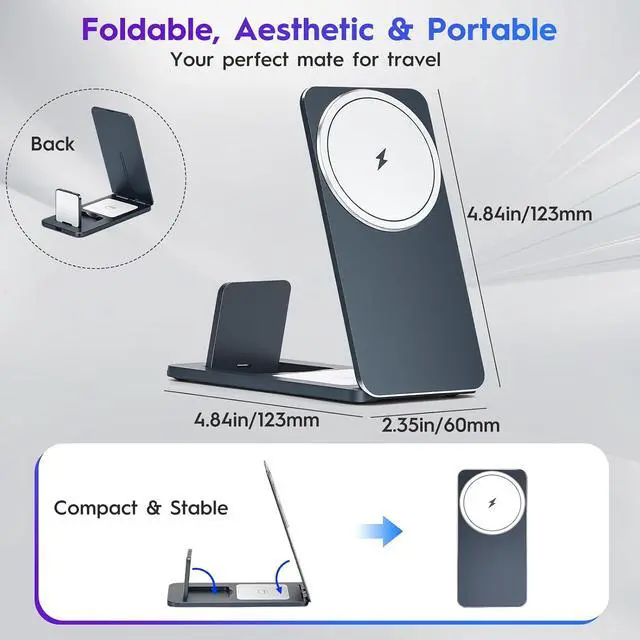 Alt view image 3 of 5 - 3-in-1 Wireless Charging Station, Foldable Magnetic Charger Stand Compatible with iPhone, Apple Watch, Apple Earphone, 15W Fast Charging, Portable Travel Dock