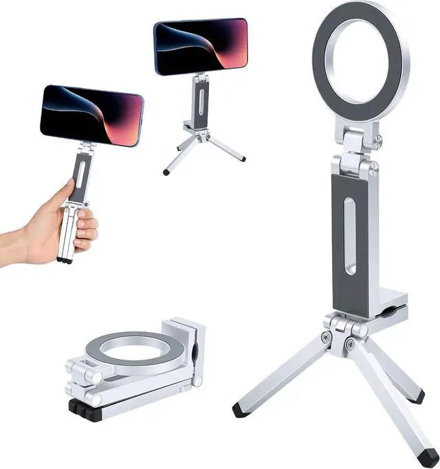 Main image of Magnetic Phone Tripod Stand 360° Rotating Adjustable Cell Phone Stand with 38mm Clip & 1/4" Screw for Desk, Gym, Vlog, Travel Aluminum Foldable Tripod Mount for iPhone 17 16 15 14 13 12 Series