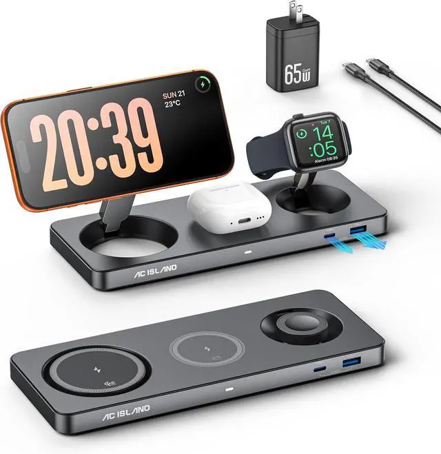 Main image of 5-in-1 Wireless Charger for MagSafe, 25W Foldable Magnetic Stand, Qi2.2 Travel Charging Station for iPhone 17-12 & Air Series, Apple Watch, AirPods, with 65W GaN Adapter