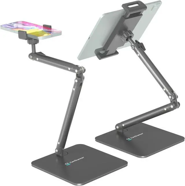 Main image of Ergonomic Phone iPad Stand for Desk - Ultra Sturdy Base, Adjustable & Foldable Mobile Holder with 2 Extendable Clamps, Work from Home Essentials Compatible with iPhone/iPad (1 Pack)