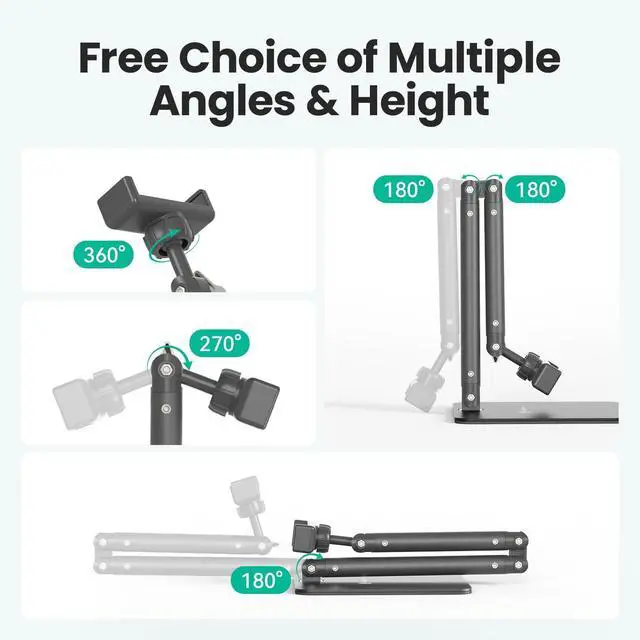 Alt view image 2 of 7 - Ergonomic Phone iPad Stand for Desk - Ultra Sturdy Base, Adjustable & Foldable Mobile Holder with 2 Extendable Clamps, Work from Home Essentials Compatible with iPhone/iPad (1 Pack)