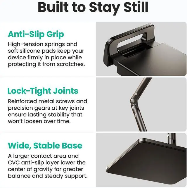 Alt view image 3 of 7 - Ergonomic Phone iPad Stand for Desk - Ultra Sturdy Base, Adjustable & Foldable Mobile Holder with 2 Extendable Clamps, Work from Home Essentials Compatible with iPhone/iPad (1 Pack)