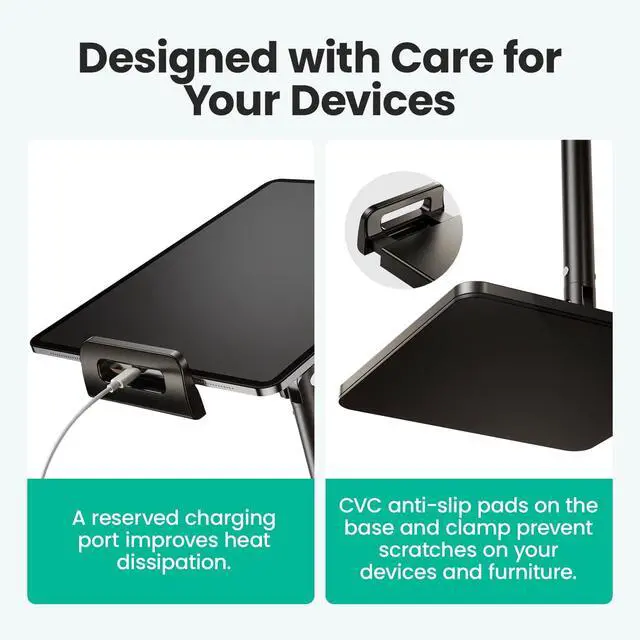 Alt view image 4 of 7 - Ergonomic Phone iPad Stand for Desk - Ultra Sturdy Base, Adjustable & Foldable Mobile Holder with 2 Extendable Clamps, Work from Home Essentials Compatible with iPhone/iPad (1 Pack)