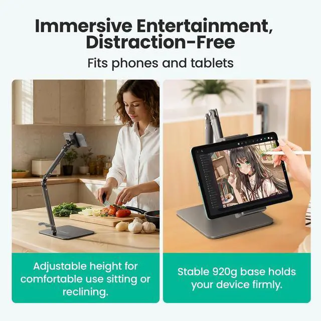 Alt view image 6 of 7 - Ergonomic Phone iPad Stand for Desk - Ultra Sturdy Base, Adjustable & Foldable Mobile Holder with 2 Extendable Clamps, Work from Home Essentials Compatible with iPhone/iPad (1 Pack)