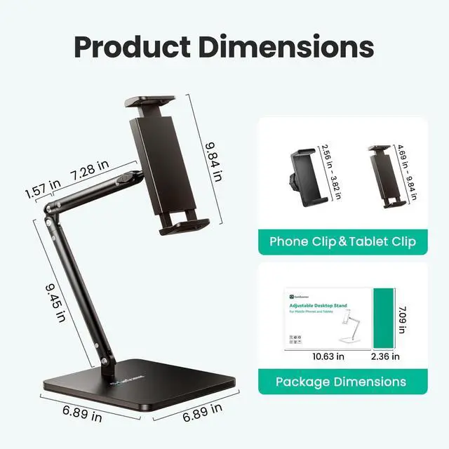 Alt view image 7 of 7 - Ergonomic Phone iPad Stand for Desk - Ultra Sturdy Base, Adjustable & Foldable Mobile Holder with 2 Extendable Clamps, Work from Home Essentials Compatible with iPhone/iPad (1 Pack)