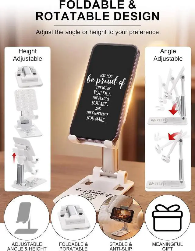 Alt view image 3 of 7 - 24 Pcs Employee Appreciation Gifts Bulk Cell Phone Stand for Desk Plastic Phone Holder Stand with Inspiring Quote Foldable Angle Height Adjustable Thank You Gifts for Staff Coworkers, White