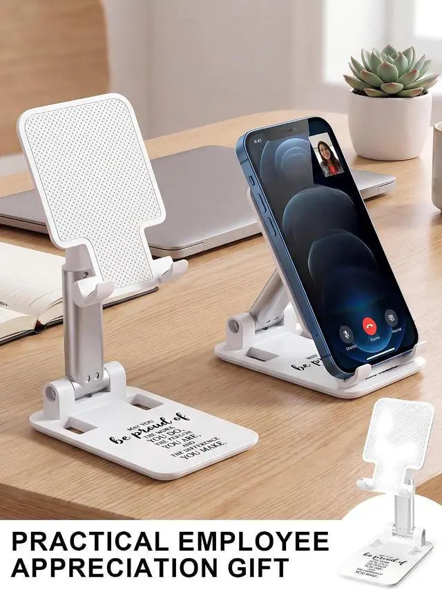Alt view image 4 of 7 - 24 Pcs Employee Appreciation Gifts Bulk Cell Phone Stand for Desk Plastic Phone Holder Stand with Inspiring Quote Foldable Angle Height Adjustable Thank You Gifts for Staff Coworkers, White