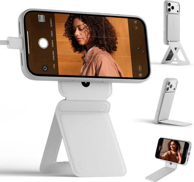 Main image of Phone Stand, Magnetic Phone Tripod Stand Stain-Resistant MOVAS Leather & Angle Adjustment & Strong Magnets Tripod for iPhone 17/16/15/14/13/12 (Included Metal Ring)-Misty Cove