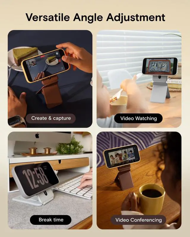 Alt view image 5 of 7 - Phone Stand, Magnetic Phone Tripod Stand Stain-Resistant MOVAS Leather & Angle Adjustment & Strong Magnets Tripod for iPhone 17/16/15/14/13/12 (Included Metal Ring)-Misty Cove
