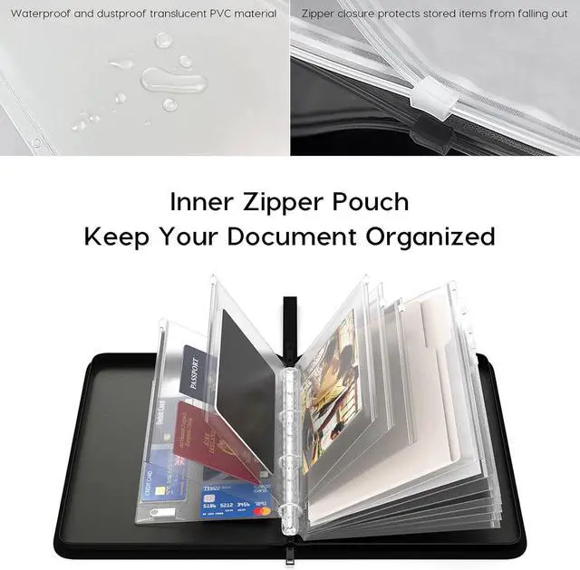 Alt view image 3 of 7 - Important Document Organizer Zipper Binder,Fireproof Document Bag for Birth Certificate Protector, Waterproof Bill Organizer in Case I Go Missing Binder for Home Safe, 4 Ring Receipt Holder (Black)
