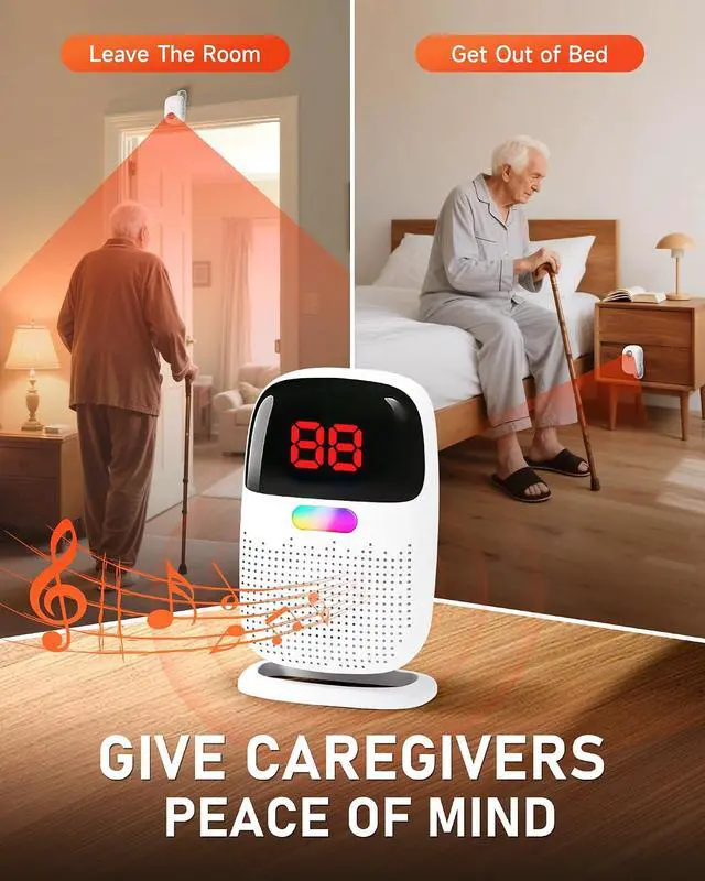 Alt view image 2 of 7 - Bed Alarms for Elderly Dementia Patients - Digital Sensor ID Display & Clip-On Caregiver Pager, Wirelss 1000ft Range, No Month Fee, Motion Sensors for Fall & Room Exit Alerts